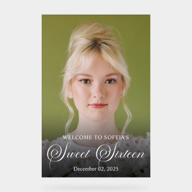 Chic Elegant White Script Sweet Sixteen Photo Acrylic Sign (Front)