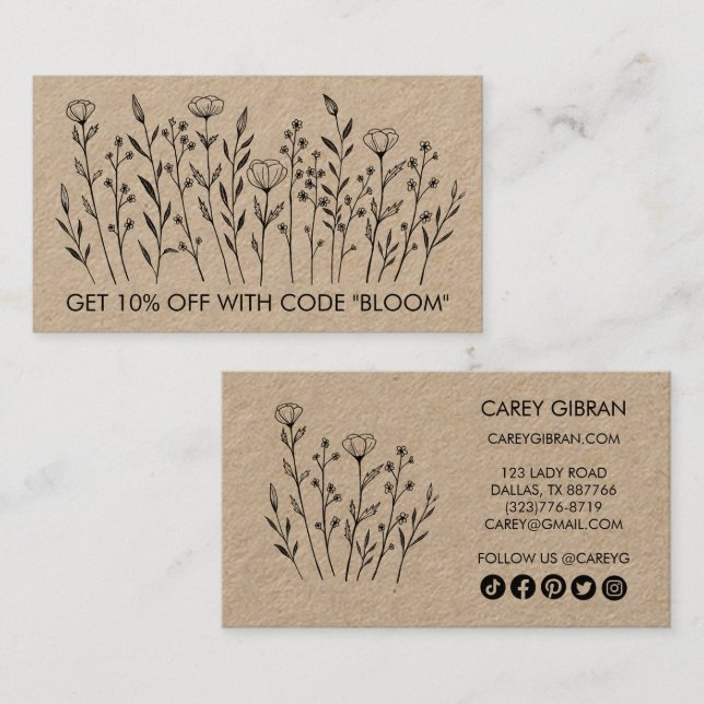 Chic Elegant Wildflowers Art Social Icons Kraft Discount Card (Front/Back)