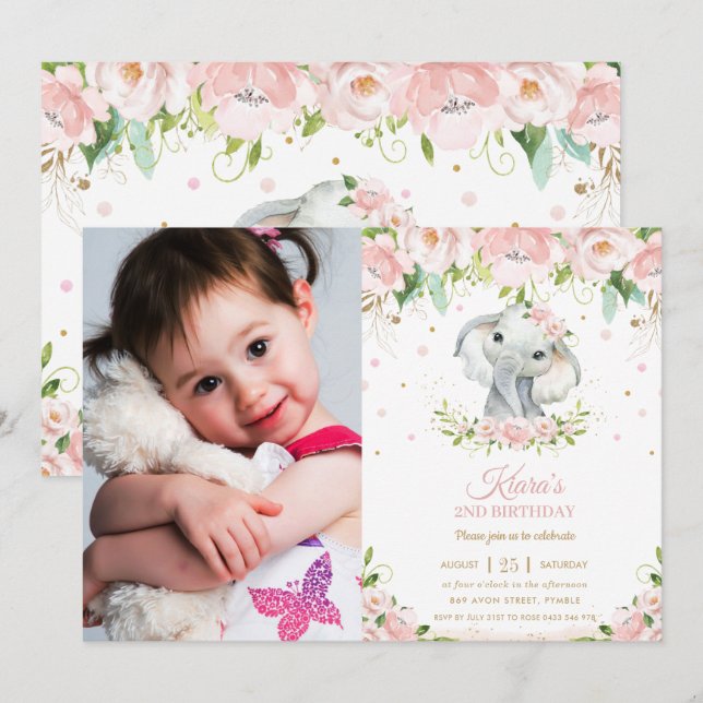 Chic Elephant Blush Pink Floral 1st Birthday Photo Invitation (Front/Back)