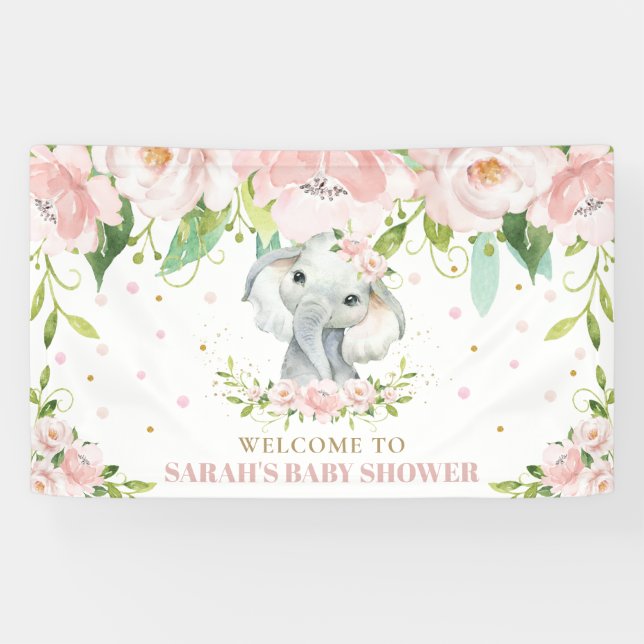 Chic Elephant Blush Pink Floral Backdrop Welcome Banner (Horizontal)