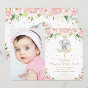 Chic Elephant Blush Pink Floral Baptism Photo Invitation