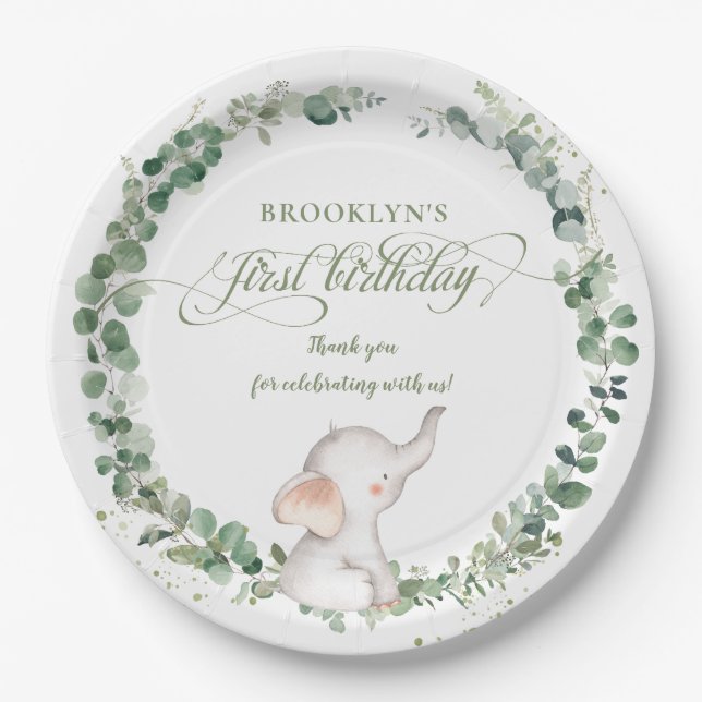 Chic Elephant Greenery Gender Neutral 1st Birthday Paper Plate (Front)