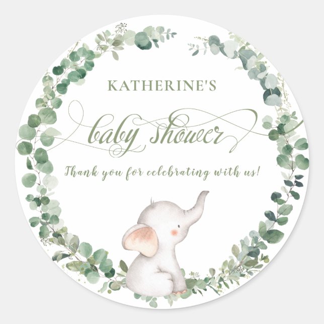 Chic Elephant Greenery Gender Neutral Baby Shower  Classic Round Sticker (Front)