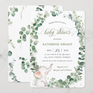 Chic Elephant Greenery Gender Neutral Baby Shower Invitation