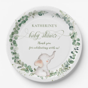 Chic Elephant Greenery Gender Neutral Baby Shower  Paper Plate