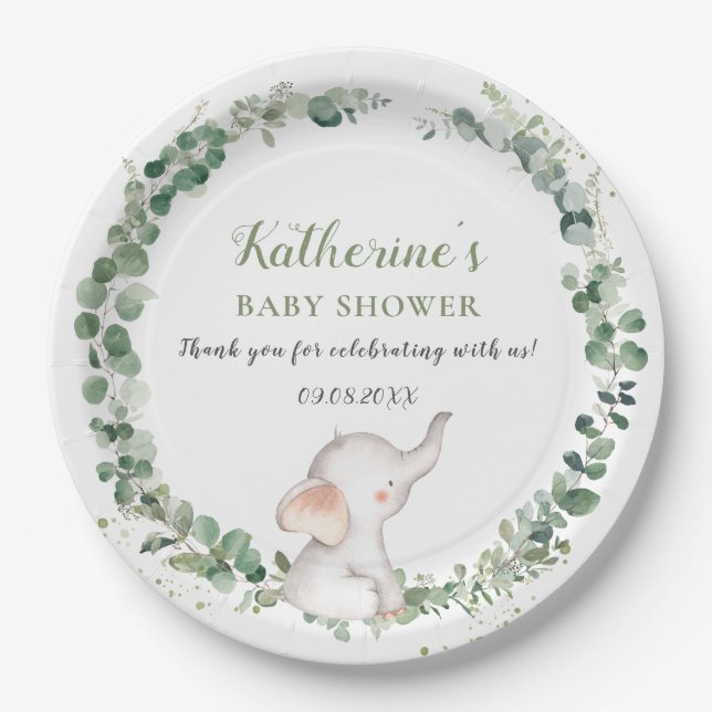 Chic Elephant Greenery Gender Neutral Baby Shower  Paper Plate (Front)