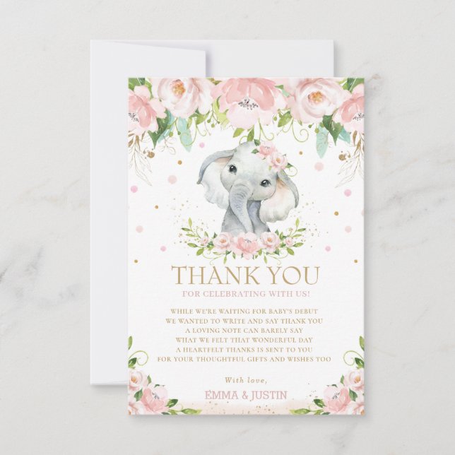 Chic Elephant Pink Floral Baby Shower 1st Birthday Thank You Card (Front)