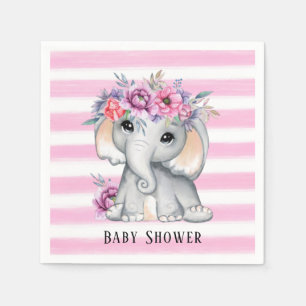 Chic Elephant Pink Floral Stripes Girl Baby Shower Napkin