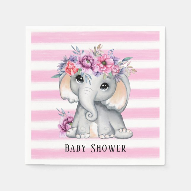 Chic Elephant Pink Floral Stripes Girl Baby Shower Napkin (Front)