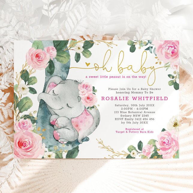 Chic Elephant Pink Roses Greenery Girl Baby Shower Invitation (Creator Uploaded)