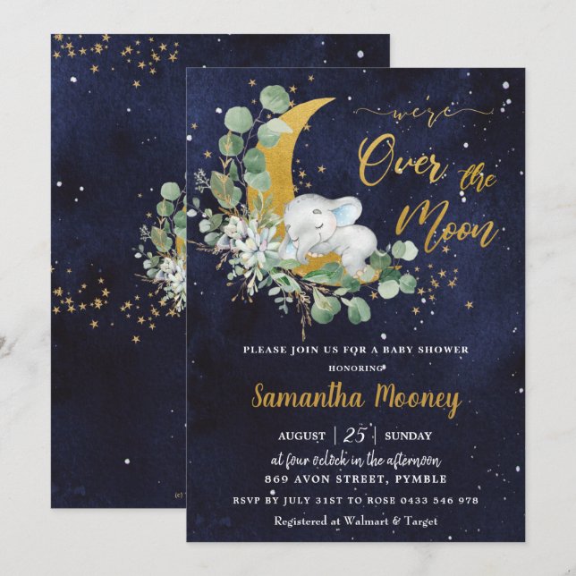 Chic Elephant We're Over the Moon Boy Baby Shower Invitation (Front/Back)