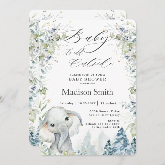Chic Elephant Winter Alpine Baby Shower Neutral  I Invitation (Front/Back)