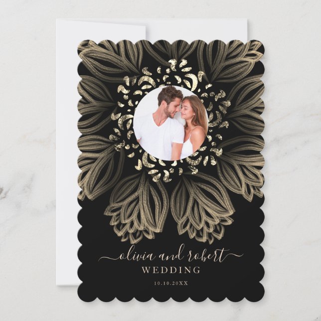 Chic Elgant Black and Gold Floral Photo Wedding Invitation (Front)