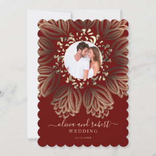 Chic Elgant Burgundy Gold Floral Photo Wedding Invitation