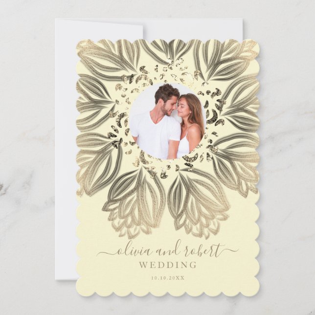 Chic Elgant Cream Beige Gold Floral Photo Wedding Invitation (Front)