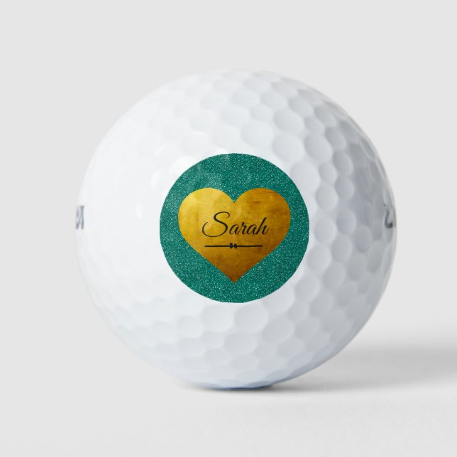 Chic Emerald Glitter Gold Heart Name Monogram Golf Balls (Front)