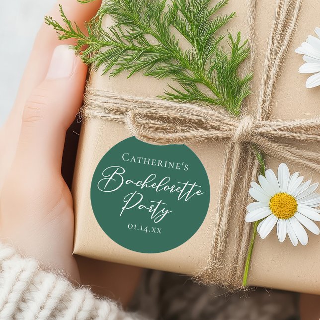 Chic Emerald Green Bachelorette Party Personalized Classic Round Sticker (Creator Uploaded)