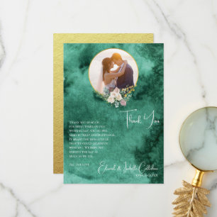 Chic Emerald Green Colour Wash Custom Photo Weddin Thank You Card