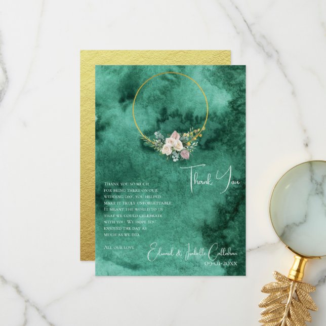 Chic Emerald Green Colour Wash Custom Photo Weddin Thank You Card (Front/Back In Situ)