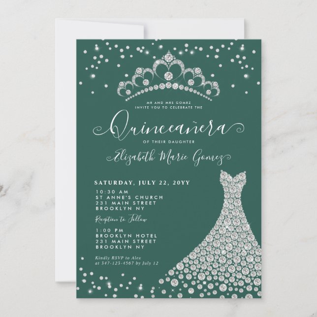Chic Emerald Green Diamond Tiara Gown Quinceanera Invitation (Front)