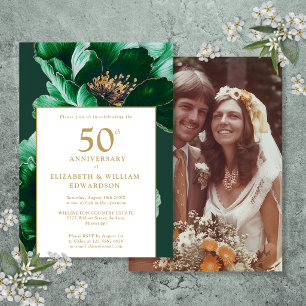 Chic Emerald Green Floral 50th Anniversary Photo Invitation