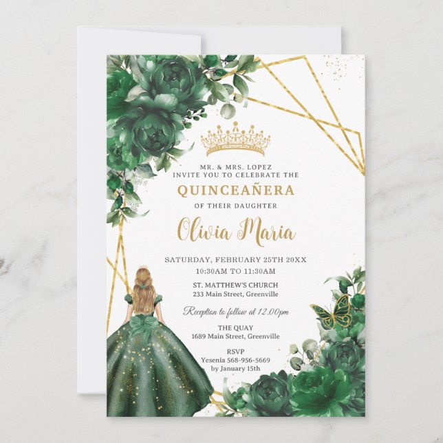 Chic Emerald Green Floral Blonde Girl Quinceañera Invitation (Front)