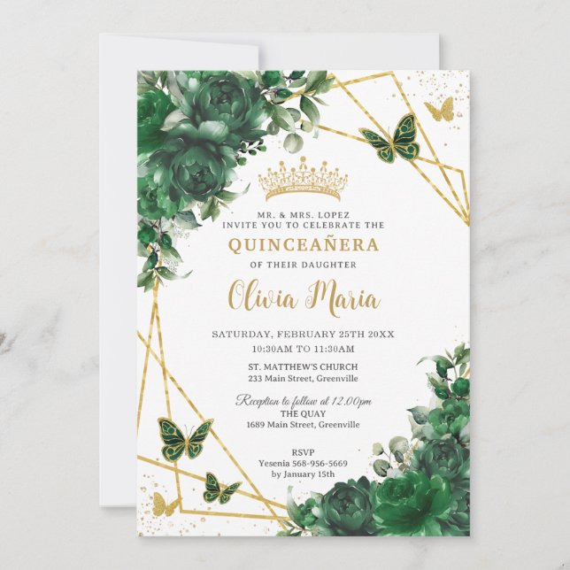Chic Emerald Green Floral Butterflies Quinceañera Invitation (Front)