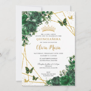 Chic Emerald Green Floral Butterflies Quinceañera Invitation