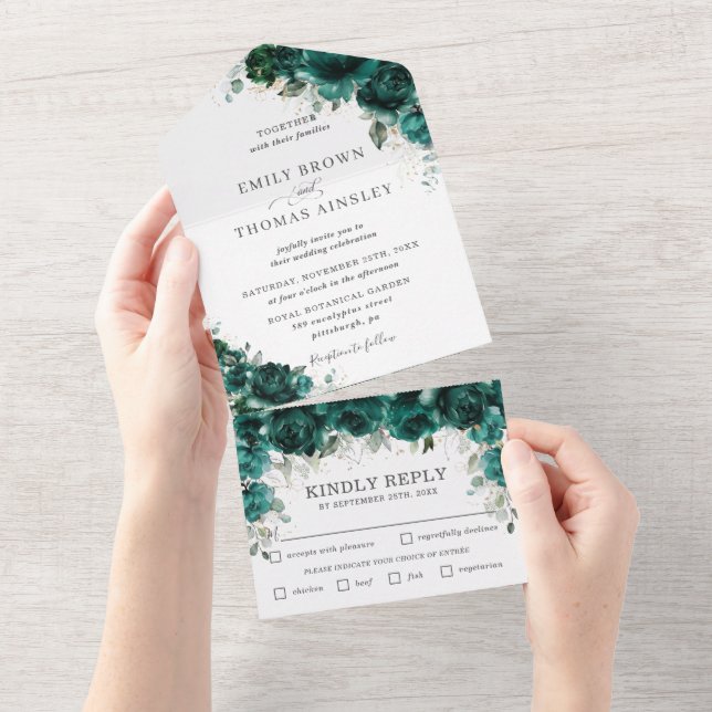Chic Emerald Green Floral Flowers Wedding  All In One Invitation (Tearaway)