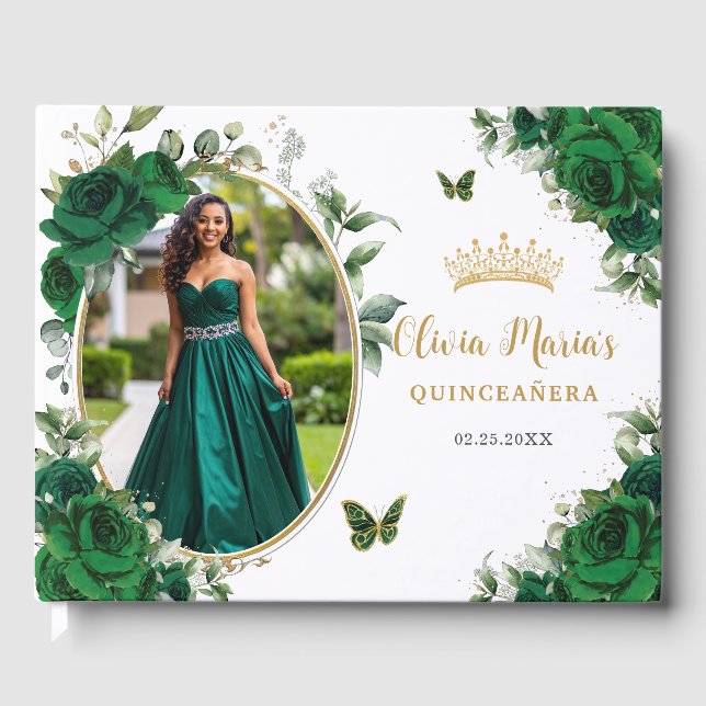 Chic Emerald Green Floral Gold Quinceanera Photo Guest Book (Front)