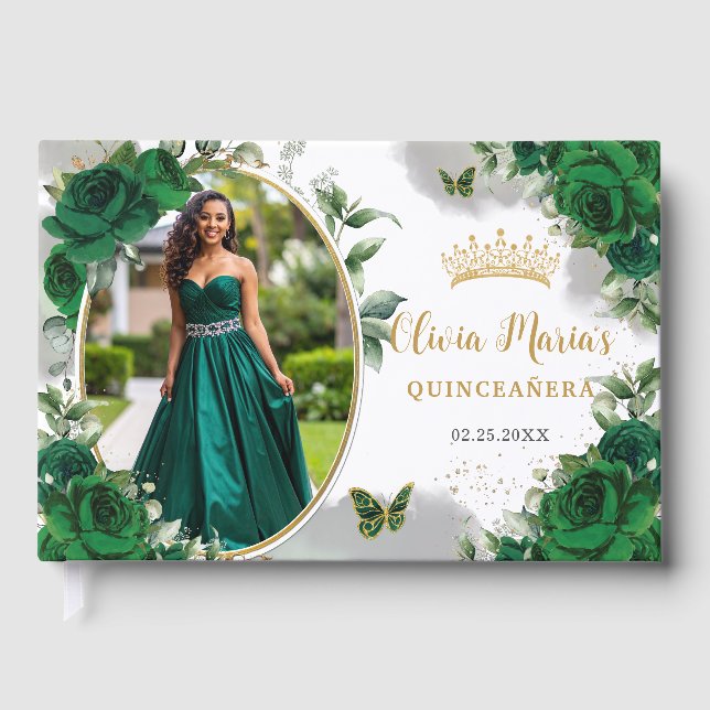 Chic Emerald Green Floral Gold Quinceanera Photo Guest Book (Front)