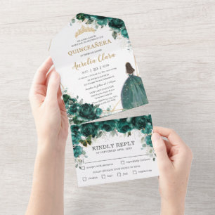 Chic Emerald Green Floral Princess Quinceañera All In One Invitation