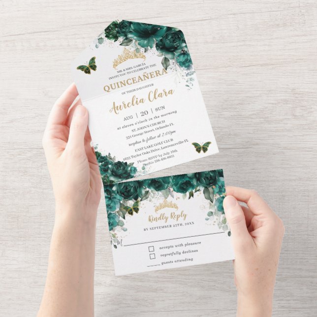 Chic Emerald Green Floral Quinceanera Butterflies All In One Invitation (Tearaway)