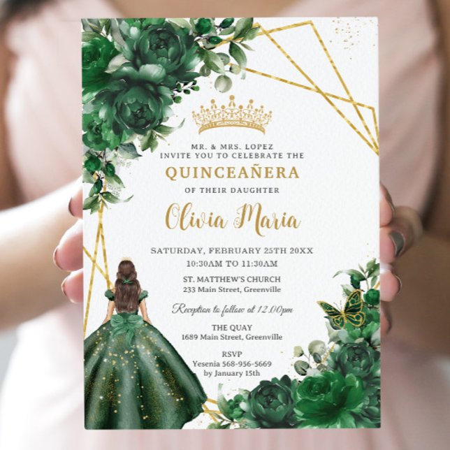 Chic Emerald Green Flowers Floral Quinceañera Invitation (Creator Uploaded)