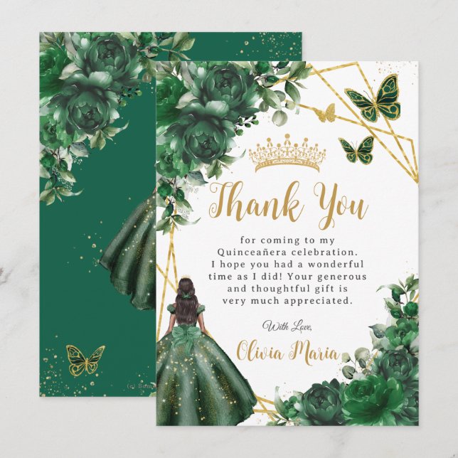 Chic Emerald Green Flowers Floral Quinceañera Thank You Card (Front/Back)