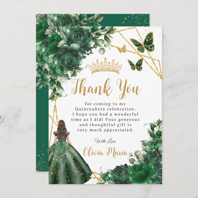 Chic Emerald Green Flowers Floral Quinceañera Thank You Card (Front/Back)