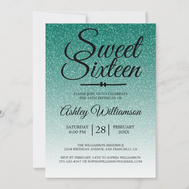 Chic Emerald Green Glitter Ombre Sweet 16 Birthday Invitation (Front)