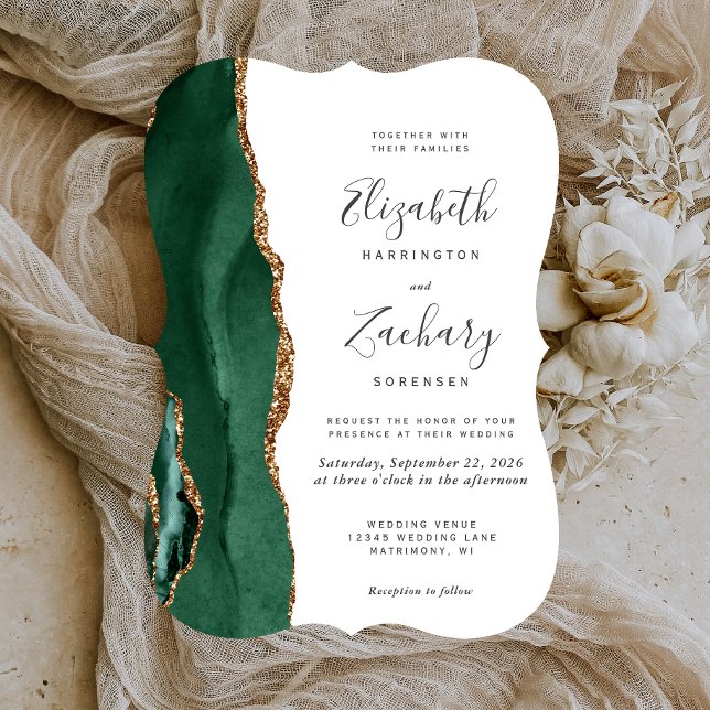 Chic Emerald Green Gold Agate Dark Bracket Wedding Invitation (Creator Uploaded)