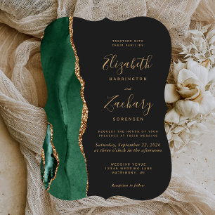 Chic Emerald Green Gold Agate Dark Bracket Wedding Invitation