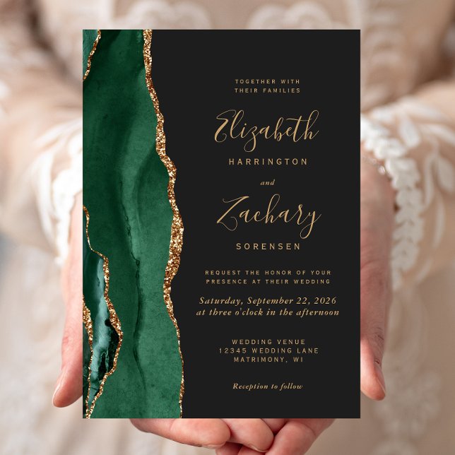 Chic Emerald Green Gold Agate Dark Wedding Invitation (Creator Uploaded)