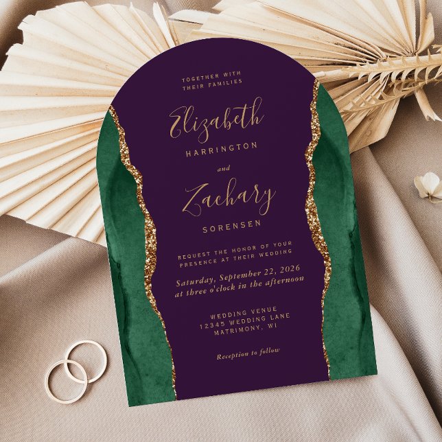 Chic Emerald Green Gold Agate Purple Arch Wedding Invitation (Creator Uploaded)