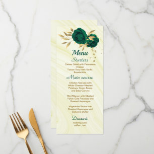 chic emerald green gold floral wedding menu