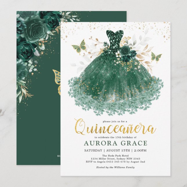 Chic Emerald Green Gold Quinceañera Princess Gown  Invitation (Front/Back)