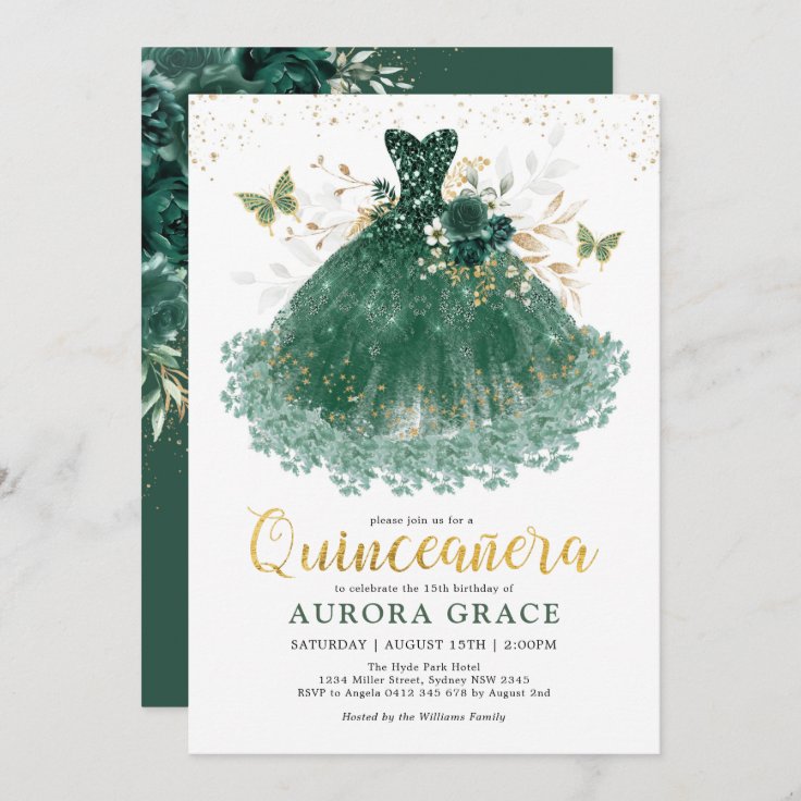 Chic Emerald Green Gold Quinceañera Princess Gown Invitation Zazzle