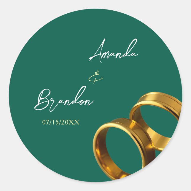 Chic Emerald Green Gold Rings Wedding Classic Round Sticker (Front)