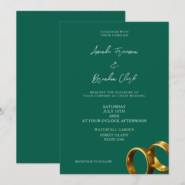 Chic Emerald Green Gold Rings Wedding Invitation (Front/Back)