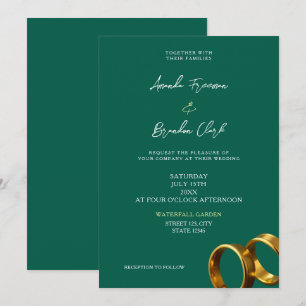 Chic Emerald Green Gold Rings Wedding Invitation