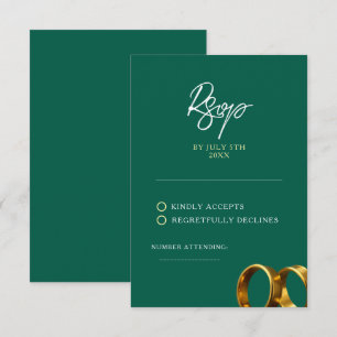 Chic Emerald Green Gold Rings Wedding RSVP Card