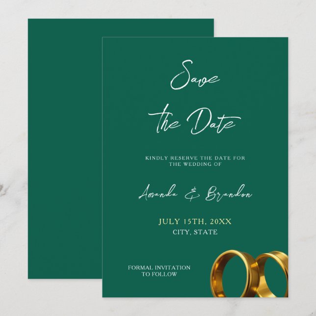 Chic Emerald Green Gold Rings Wedding Save The Date (Front/Back)