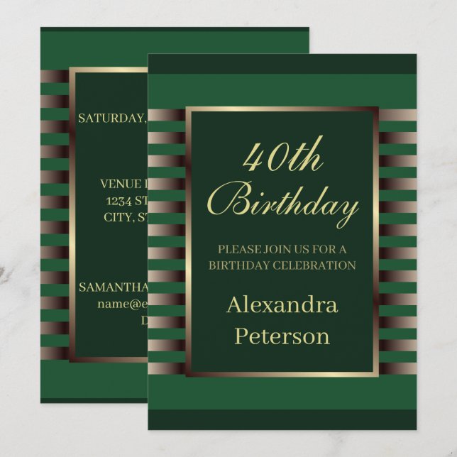Chic Emerald Green Gold Stripes Geometric Birthday Invitation (Front/Back)